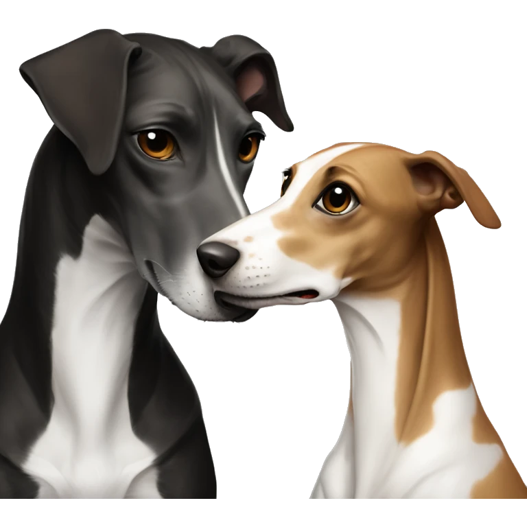 Two aristocrat dog black and white galgo kiss with women with brown hair  emoji