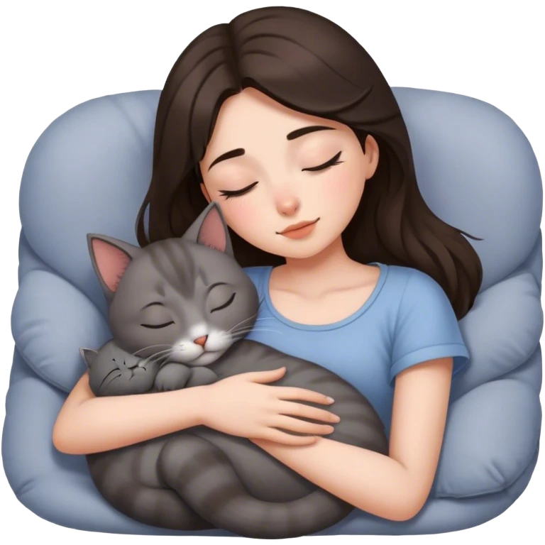 Grey kitty sleeping on brunette girl's lap emoji