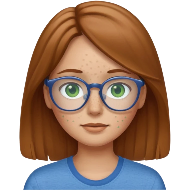 Create an emoji of a girl with light brown hair medium length hair, green eyes, freckles, glasses and wearing a blue shirt emoji