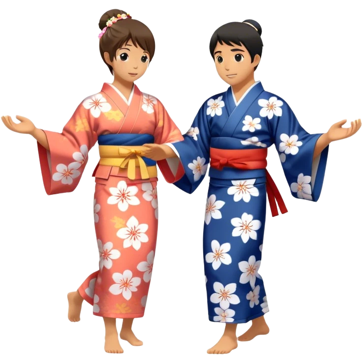 Cinematic Realistic scene of two performers engaging in Bon Odori, dressed in traditional yukata with intricate summer patterns, captured in graceful, rhythmic motion with warm, festive lighting emoji