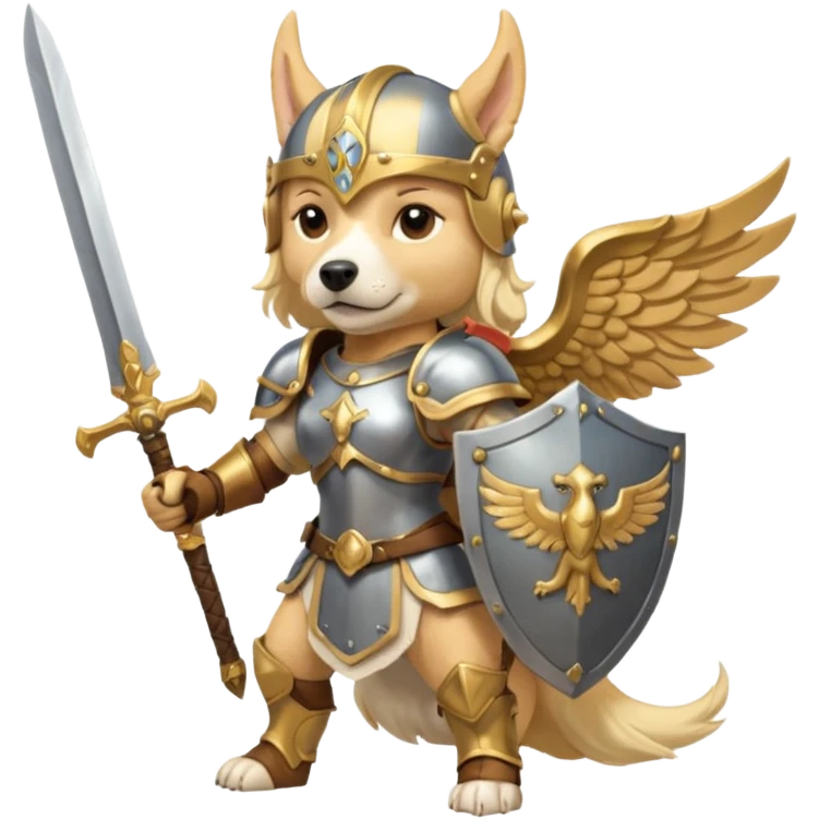 dog freya has sword and shield. she is a valkyrie and has wings. dynamic pose emoji