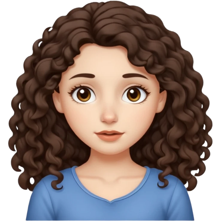 Aesthetic white girl with long curl hair color dark brown (almost black, but more brownish), big almond shape eyes color brown, small wide nose, natural lips, sweet expression. Dressed with a  cute top emoji