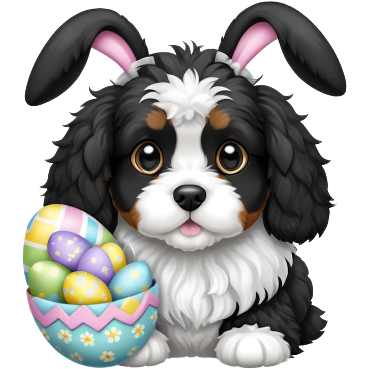 black and white cavoodle with easter bunny ears and easter eggs emoji