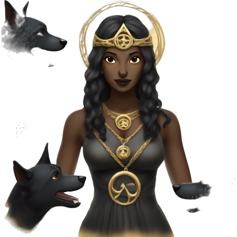 Hekate goddess of the night and magic- triple goddess black hair and two black dogs emoji