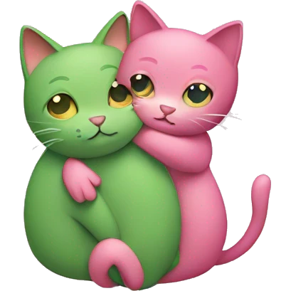a pink and a green cat hugging emoji