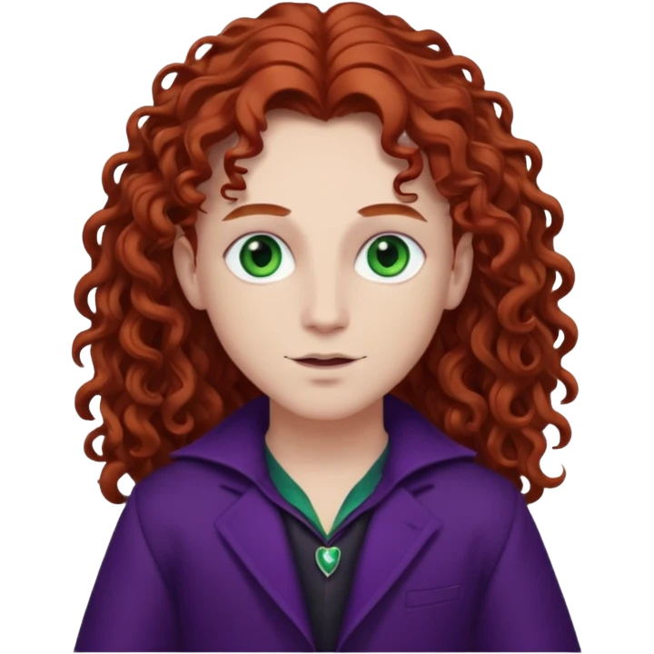 Armand with white skin, green eyes , long auburn curly hair, dark purple outfit emoji