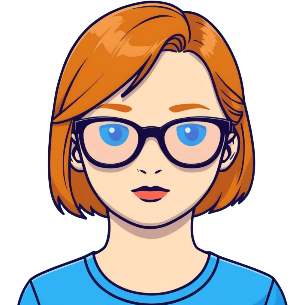 woman with pale skin, ginger straight hair, black glasses, blue eyes emoji