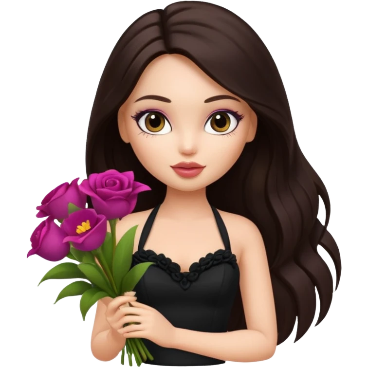 pretty bratz doll with makeup with dark halterneck top, long dark brown hair holding big bouquet of flowers emoji
