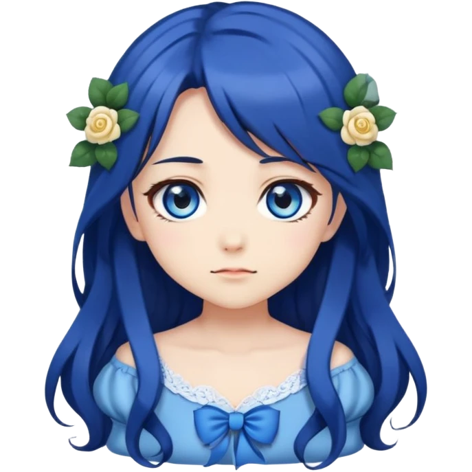 cute anime girl emoji, long dark hair, blue rose hair accessory, big blue anime eyes, chibi anime style emoji