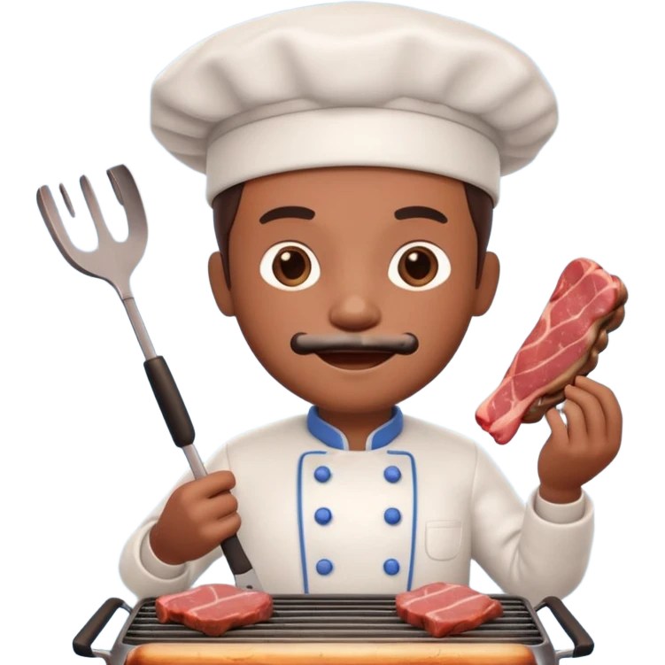 A 3D cartoon cook flipping meat on a grill with tongs, gentle smoke effect, Memoji-style lighting. emoji