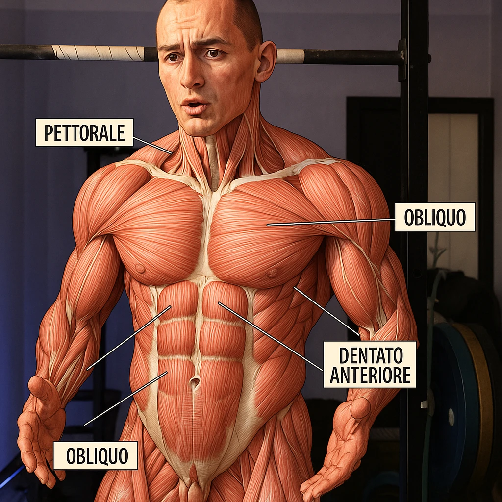 Highlight the muscle fibers of the man's body in the reference photo in a realistic anatomical style, maintaining the original pose and expression. Add labels in Italian for the abdomen and chest muscles: retto dell'addome, obliquo, pettorale, dentato anteriore. emoji