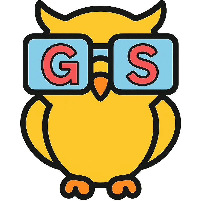 owl wearing glasses with GGS wording, color outline icon style emoji