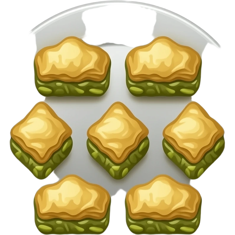 Gümüş bir tabakta 6 adet 2li şekilde 3 sıra dizilmiş fıstıklı baklava emoji