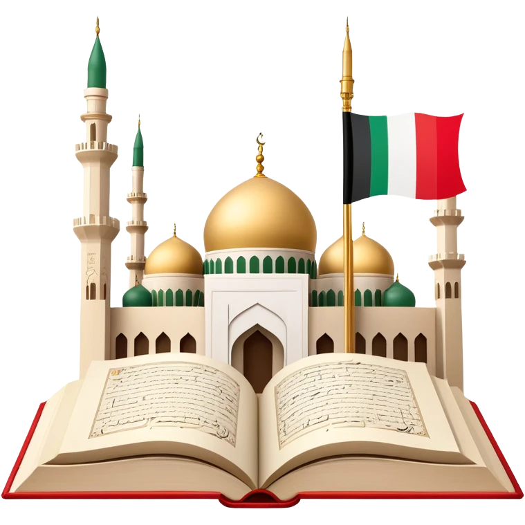 An icon featuring the mosque and the flag of United Arab Emirates, symbolizing the Arabic language. The design includes an open book with Arabic script and calligraphy, representing language learning and cultural heritage. Transparent background emoji