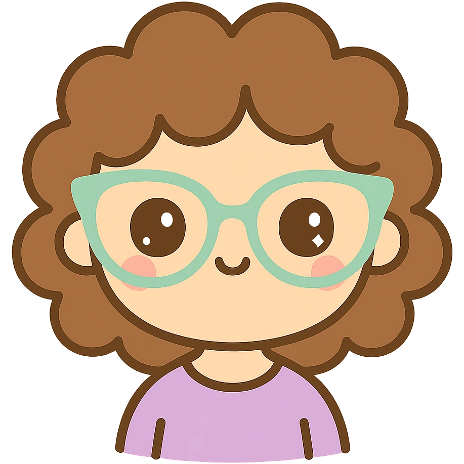 character with brown curly hair, doe eyes, white skin, cat eye glasses emoji