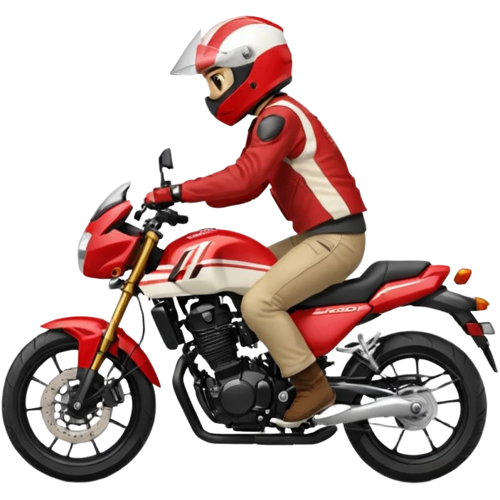 Red and white 2015 Honda CB500F with rider tucked emoji