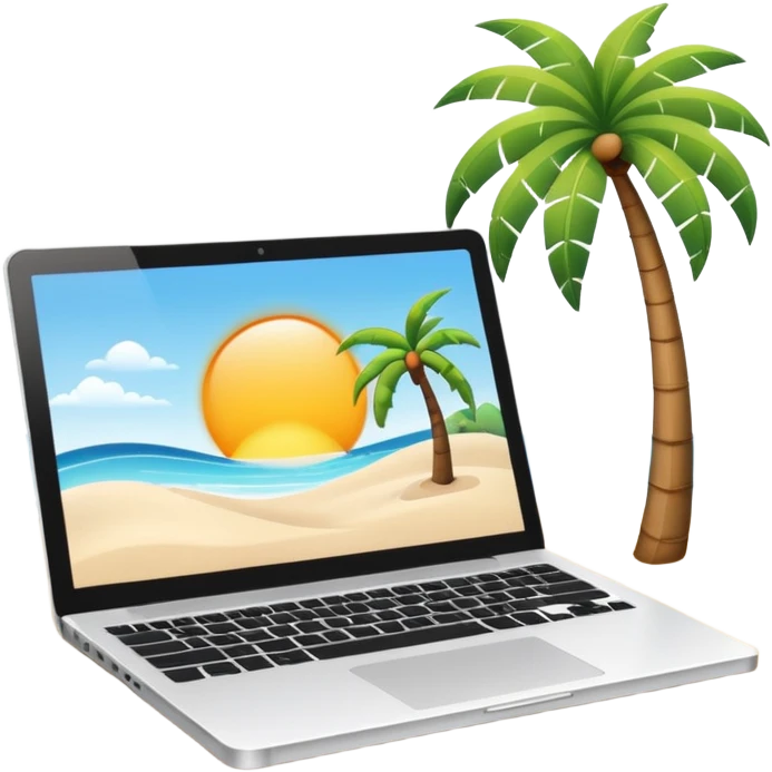 A minimalist emoji-style icon representing workation: An open laptop in the foreground on the beach. Background shows sea, sun, and a palm tree. No people, no text, clean and simple design like an emoji. emoji