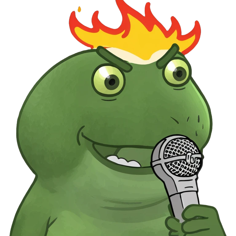 meme character with dank and skibidi energy, holding a microphone, fire effects, wearing a gold chain, cartoonish bold high-energy meme-inspired style emoji