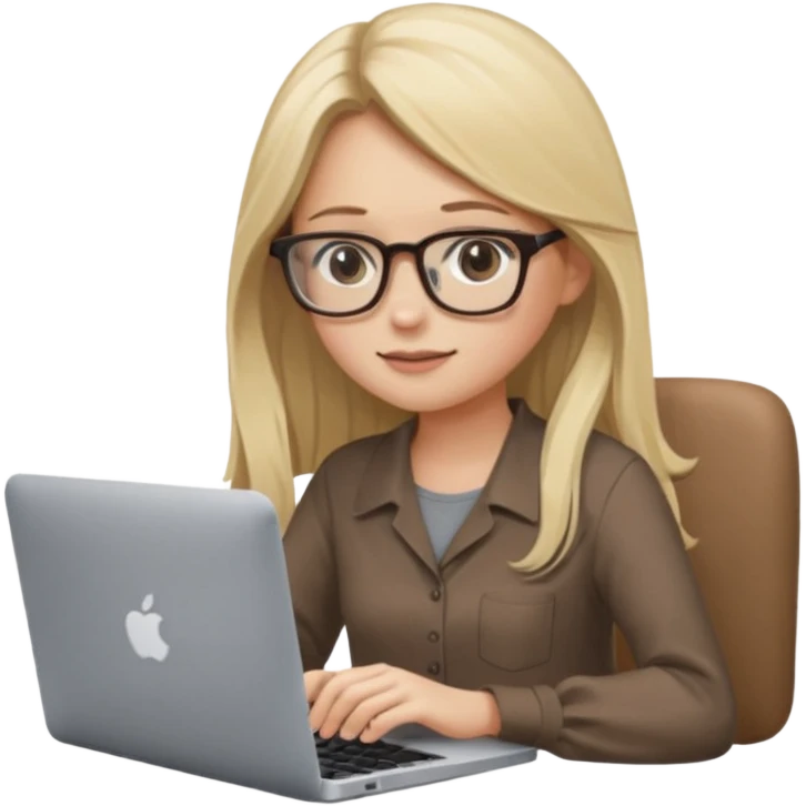 Girl in glasses, blonde long hair, sitting, brown blouse, typing on gray MacBook emoji