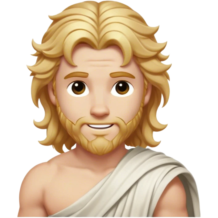 Cinematic Realistic Thor Portrait, head tilted playfully and inquisitively, showcasing his classical Greek god allure with a relaxed, yet commanding presence. His fair, radiant skin and flowing, wavy golden hair are highlighted by a gentle smile and twinkling, approachable eyes. Clad in a gracefully draped white toga with subtle golden embellishments, he exudes a lighthearted yet powerful charm under soft, natural lighting. emoji
