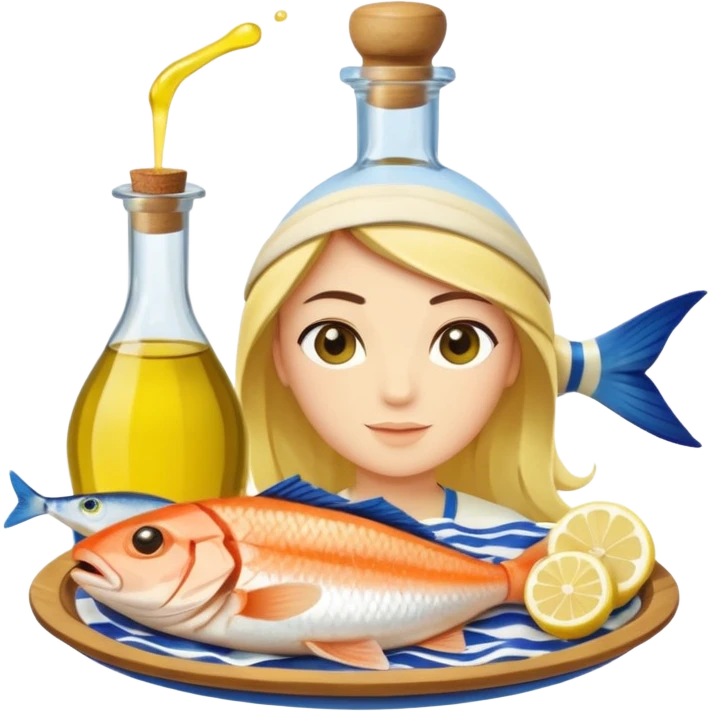 Mediterranean cuisine avatar in clean emoji-style illustration. Olive oil, fish, lemon, blue and sunny colors, light and fresh mood, flat design, high contrast. emoji