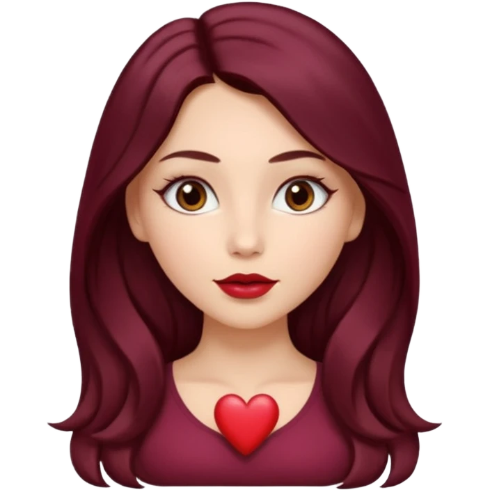 young white woman 
brown almond eyes
heart shaped lips
Long waist-long hair, center parted
slightly wavy
dark burgundy hair\ emoji