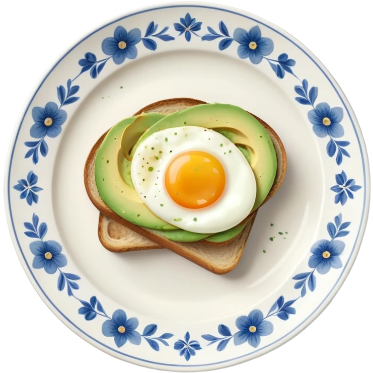 avocado sourdough toast with egg on a white vintage porcelain plate with blue floral decor emoji