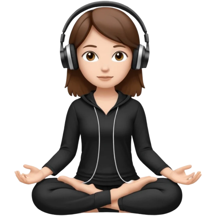 White girl, brown hair meditating with headphones on and black and white clothes emoji