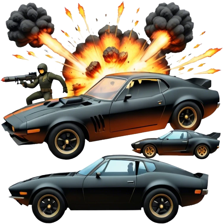 Photorealistic Icon for Action Movies: Dynamic collage of iconic action movie scenes featuring explosions, fast cars, combat, and weapons. Include silhouettes of famous action heroes, dramatic lighting, and a sense of high-octane energy. Transparent background. emoji
