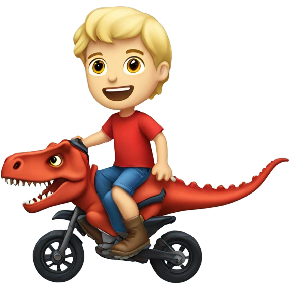 Blonde haired boy with blue eyes wearing a red shirt and riding a T-Rex emoji