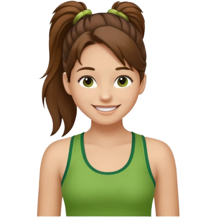 Девушка с одним хвостом, коричневые волосы и пряди у лица, в зеленой майке радуется, светлая кожа  emoji
