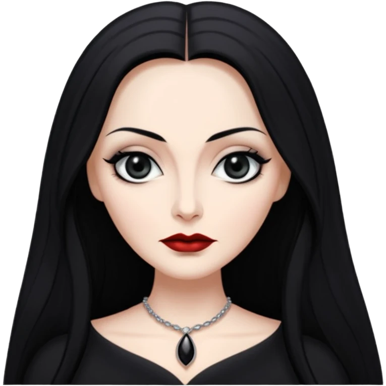 Create a realistic portrait of Morticia Addams with long black hair, elegant black dress & sharp gaze. emoji