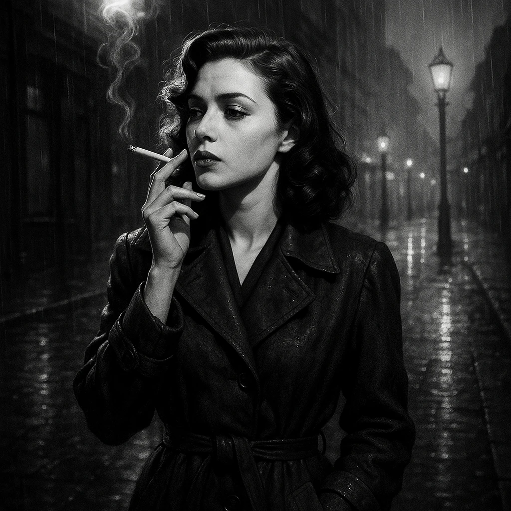 a girl smoking, noir style, rain-soaked street, 1940s atmosphere, expressive shadows emoji