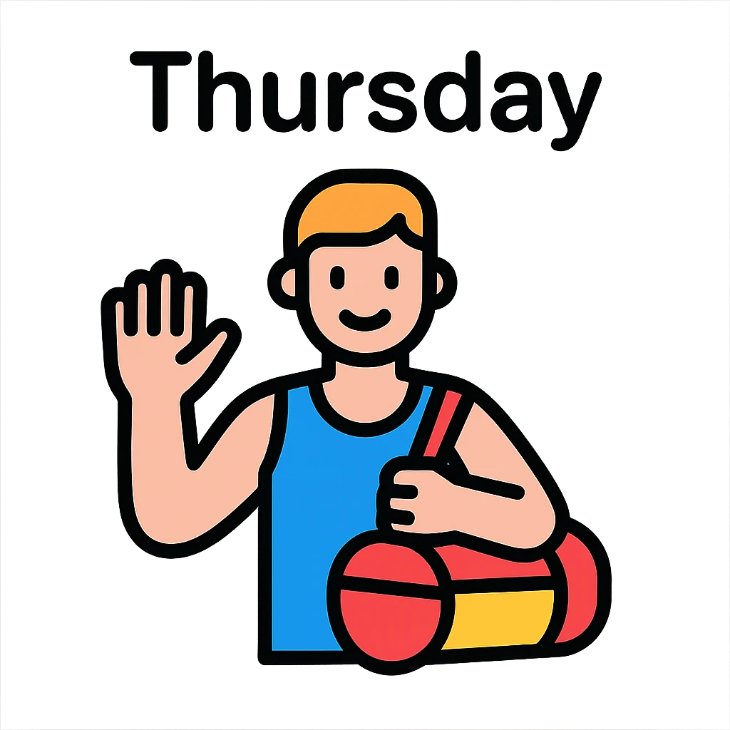 a sportsman holding his gymbag waving his hand goodbye. The word Thursday is above the sportsman emoji