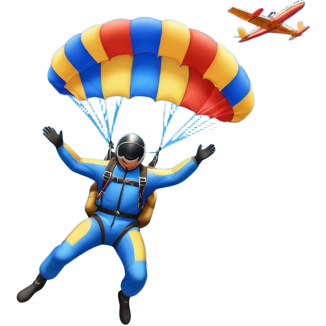 A skydiver free-falling through the sky, with a brightly colored parachute open above them. The background features a vast blue sky dotted with fluffy clouds, birds soaring nearby, and a plane flying off in the distance, emphasizing the thrill and freedom of the sport. emoji