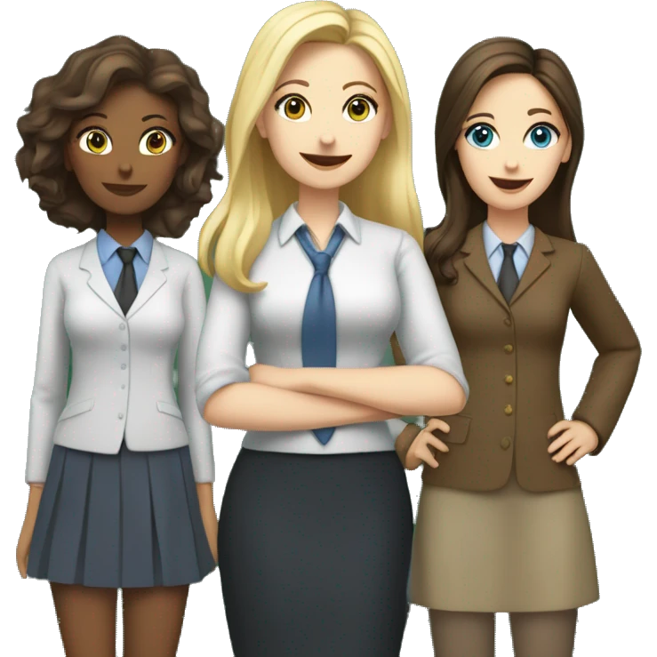 three girls dressed as teachers standing in front of a school board, two of them are brunettes and fair-skinned, one of them is blonde and fair-skinned with blue eyes emoji