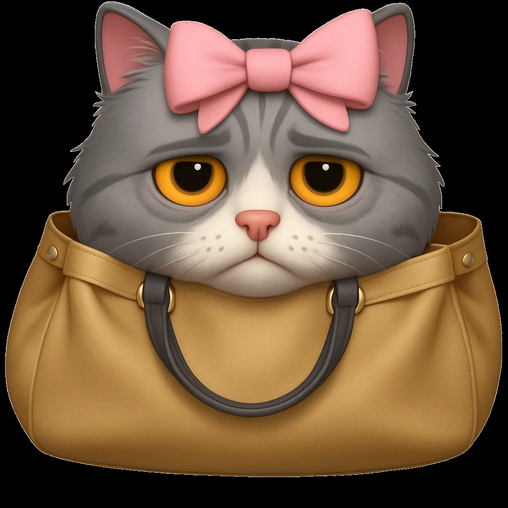 Add a light pink bow to the cat with bags under its eyes, keeping the original style of the image. emoji