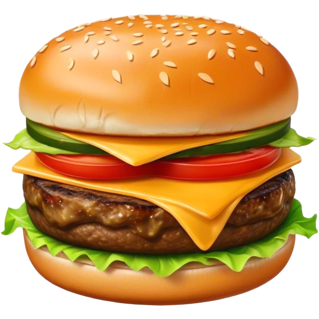 Cinematic juicy cheeseburger, perfectly grilled patty, melted cheese, crisp lettuce, tomatoes, and pickles, soft sesame seed bun, glossy and rich, warm glowing background, ultra-detailed and appetizing. emoji