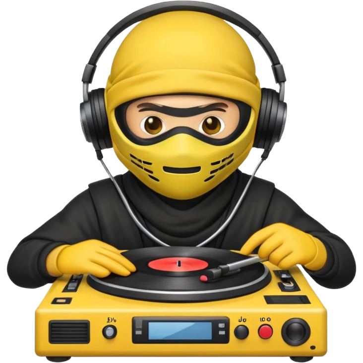 Make a customized yellow head emoji with hands and holding a dj turn table  in a  ninja face mask emoji