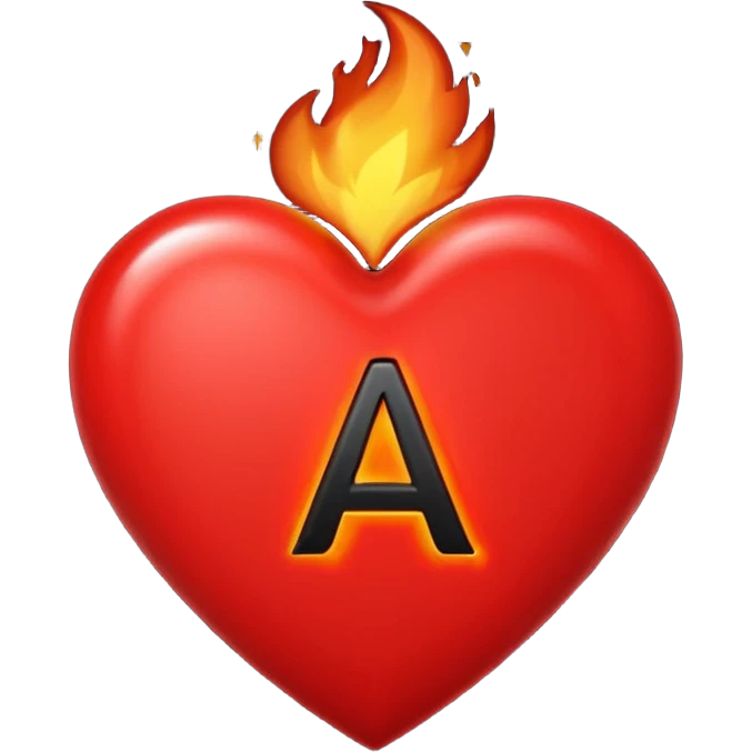 fireheart with letter A, heart is red and colour of A is black emoji