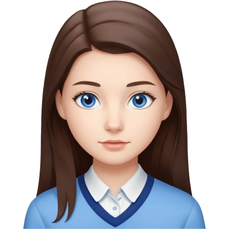 Realistic Student Portrait, with porcelain-like skin featuring a natural rosy flush, iHer Brunette Half-Up Style for Straight  hair flows in soft, Her deep blue eyes radiate warmth and innocence,  wear light blue preppy style. emoji
