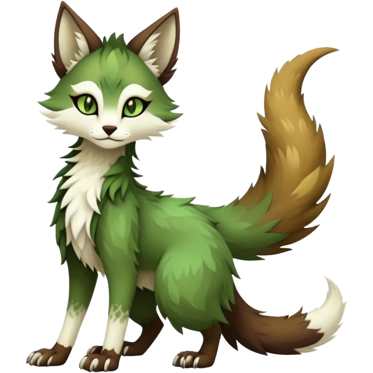 Kawaii dark edgy brown beige white fantasy ethereal feline-vernid-sergal-fursona animal creature with a tufted tail full body with intricate markings, hazel-gold-green eyes emoji
