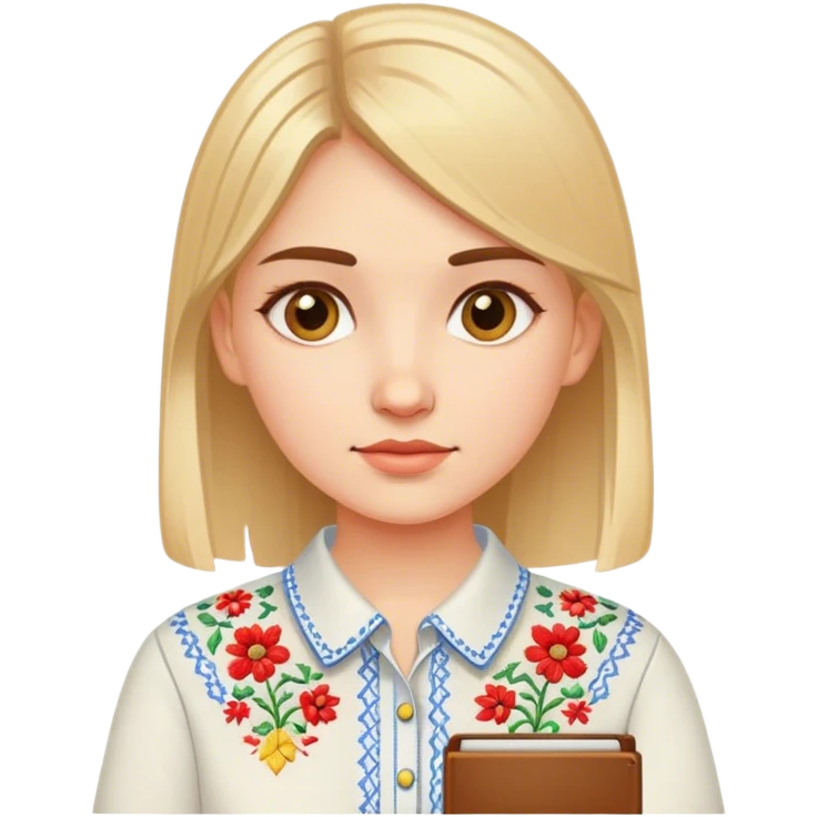 A Ukrainian girl in an embroidered shirt holds a diagram emoji