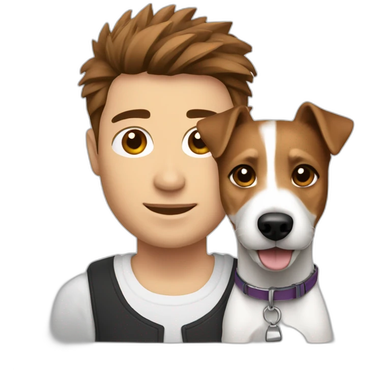 Man with modern cut spiky brown hair with jack russell terrier dog emoji