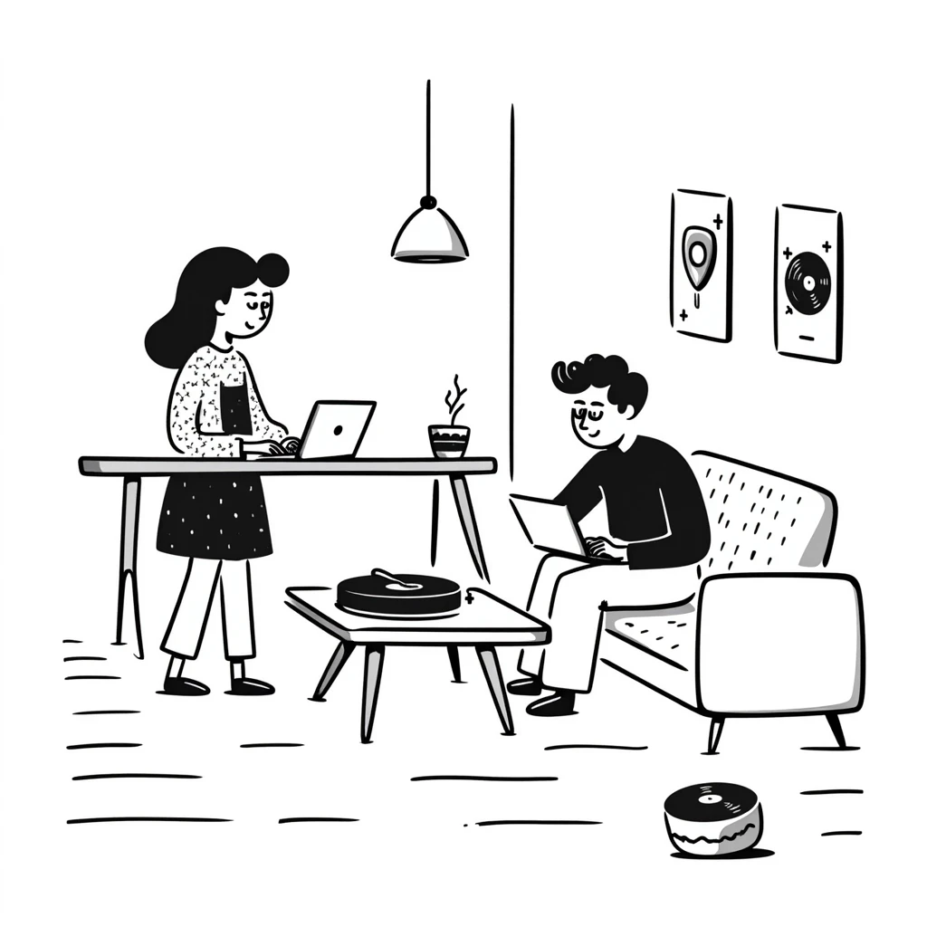 A mid-century modern living room with two people working on laptops — a woman standing working on the laptop and a man sitting on a couch with a laptop. The room has visible floor and two walls forming a corner, large window, modern pendant lamp, turntable, vinyl record stand, retro posters emoji