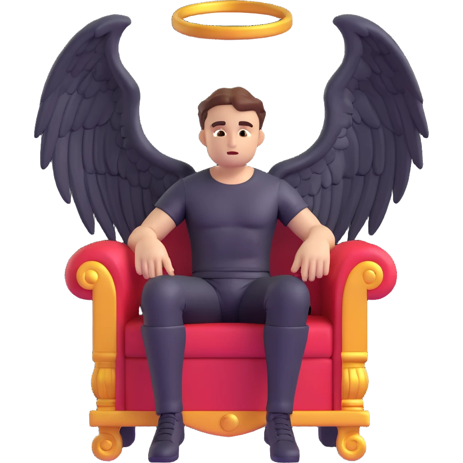 male fallen angel sitting on a throne at the top, looking down, 3D emoji style emoji