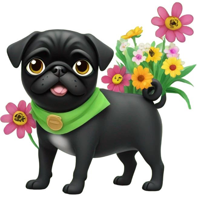 Black pug , surrounded by flowers, holding a green sign that says “good luck”  emoji