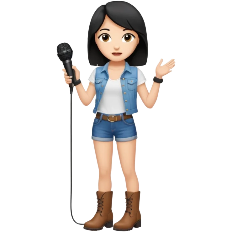 Crie uma cantora morena charmosa de shortes top e bota com microfone branca e cabelo preto emoji