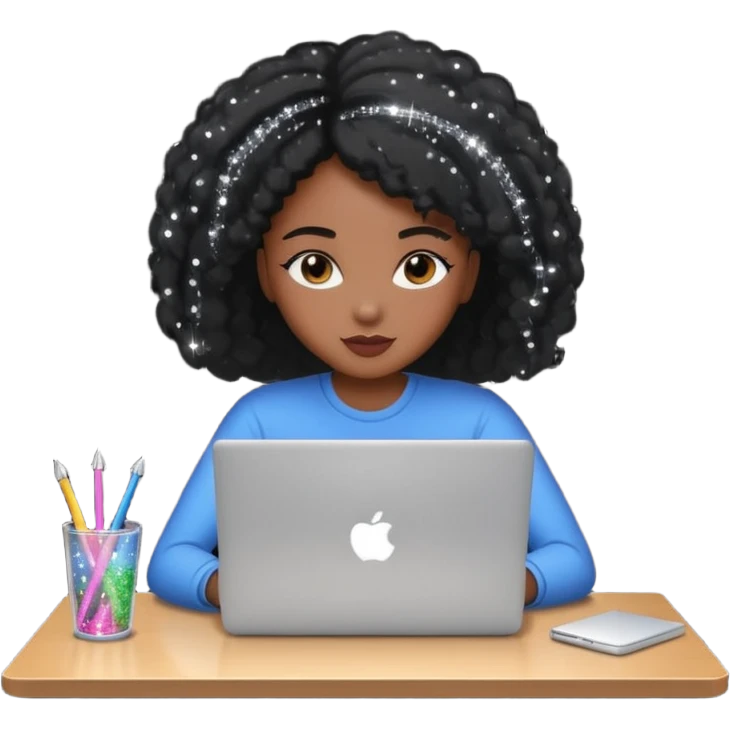 black pretty girl working hard with sparkles on laptop "Working hard ✨" spelled out in photo emoji