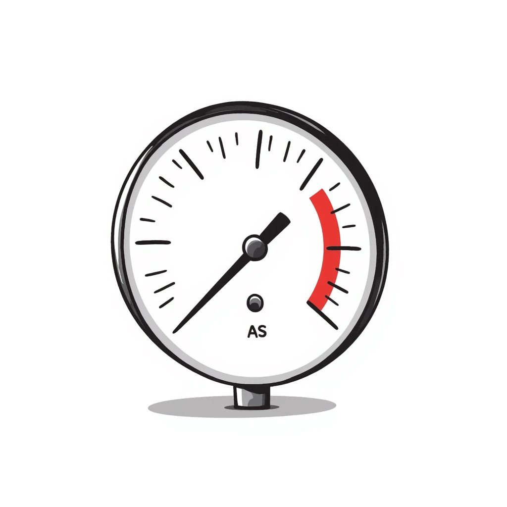Pressure gauge with needle in red zone, measuring high pressure, mechanical measurement device emoji